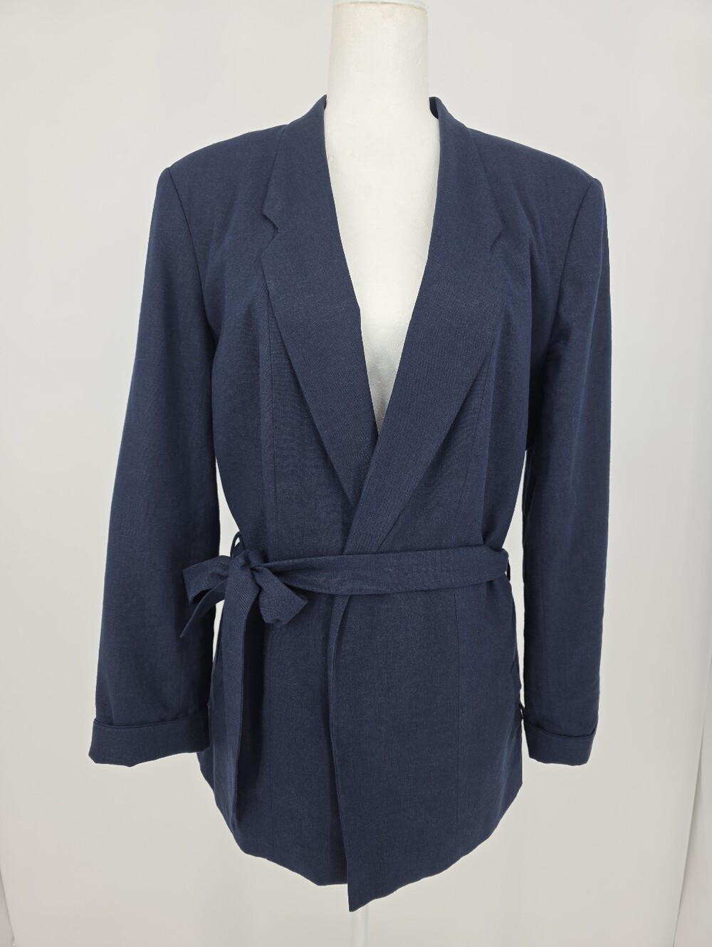 Emily Blue Linen Blend Tie Waist Blazer Jacket Women's Size 14 Open Front